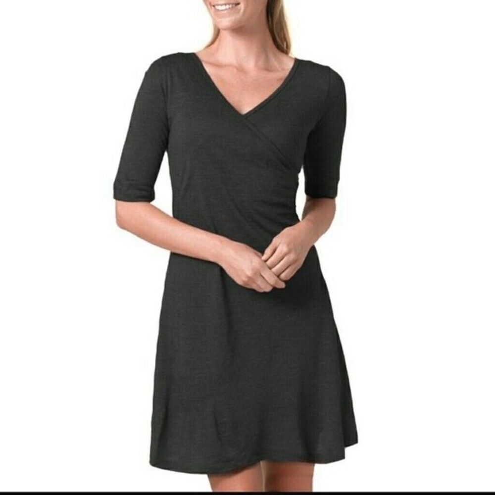 PRANA Nadia Faux Wrap Dress Charcoal Gray Wool Blend Elbow Sleeve Surplice Small